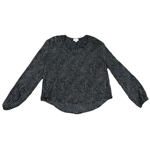 Anthropologie Everly Smocked shoulder black/tan dot v-neck l/sleeve blouse Small - Picture 1 of 7